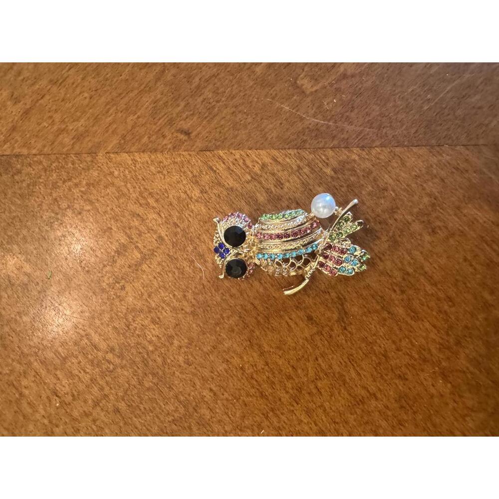 Vintage Owl Brooch with Multicolor Rhinestones and Faux Pearl